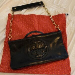 Tory Burch Black Leather Clutch/Shoulder bag with Gold Chain